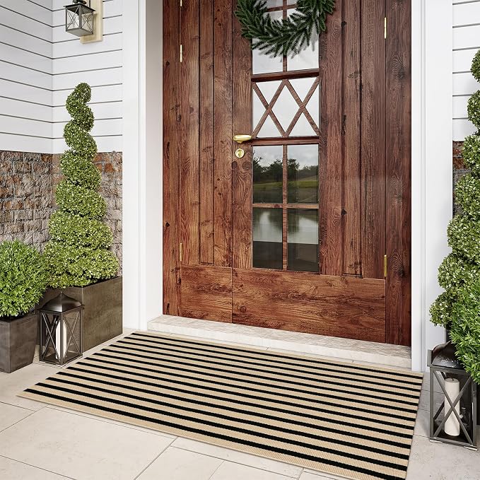 LEEVAN 2'X4.3' Black and Tan Striped Woven Cotton Reversible Outdoor Rug | Small Machine Washable Front Porch Rug, Entryway Door Mat, Indoor Layering Carpet for Farmhouse Bathroom Laundry