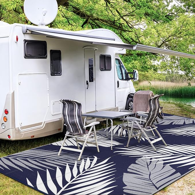 GENIMO Outdoor Rug, Waterproof Plastic Rugs 9'x18' for Camping Blue White | Outside Larger Leaf Carpet Mat for Patio Decor, RV, Porch, Camper, Deck, Picnic, Beach, Backyard, Reversible, Foldable