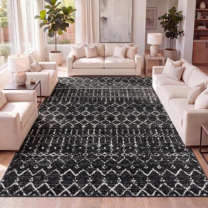 JONATHAN Y Boho Vintage Diamond Black/Ivory Indoor Area Rug 10X14 ft, Moroccan Hype for Living Room, Bedroom, Kitchen, Office, Easy-Cleaning, High Traffic, Pet-Friendly, Non-Shedding (MOH101D-14)