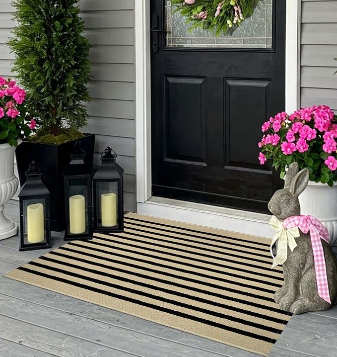 Front Door Mat Outdoor 24"x35", Tan and Black Layered Doormat Cotton Woven Washable Striped Indoor Outdoor Area Rug for Entryway Porch Decor Home Entrance