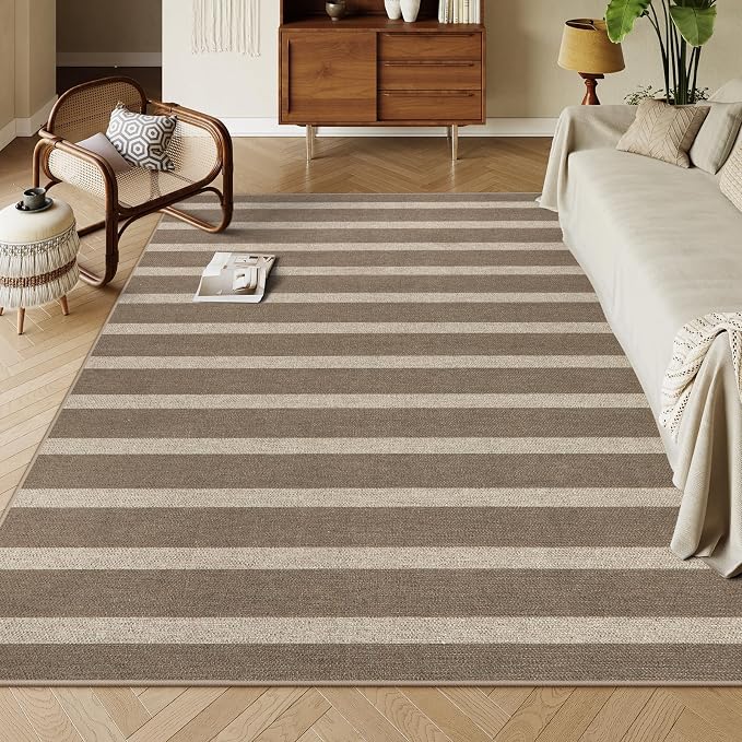 Lahome Striped Easy Jute Living Room Rug, 8x10 Outdoor Patio Rugs Washable | Patio Area Rug, Modern Farmhouse Large Non Slip Lightweight Carpet for Bedroom Backyard Office Dining Room Mudroom, Khaki