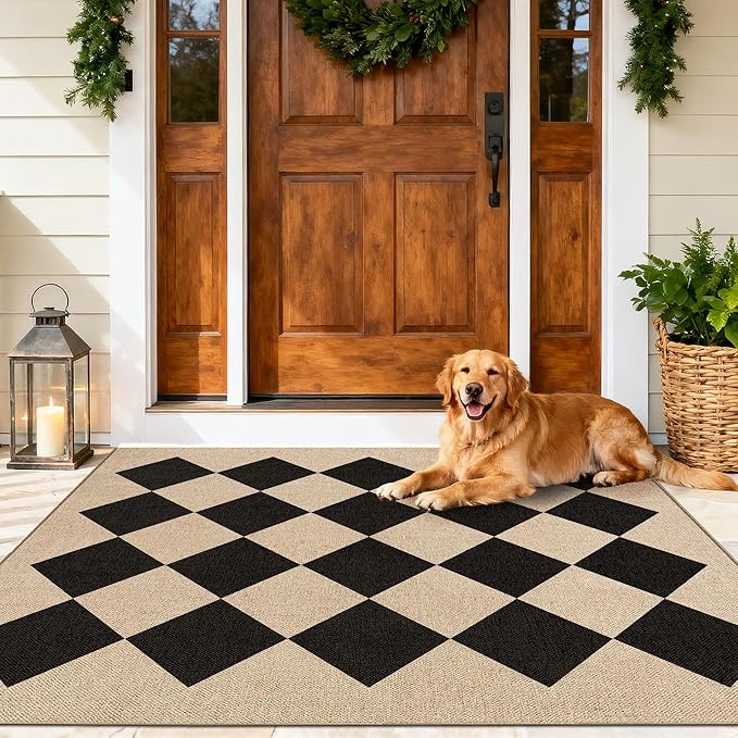 Washable Checkered Easy Jute Rug 3x5, Black Checkerboard Boho Geometric Outdoor Indoor Patio Small Rugs, Woven Non Slip Thin Neutral Carpet Door Mat for Bedroom Entryway Front Door Farmhouse