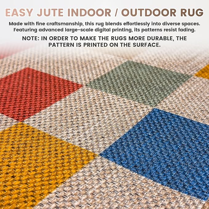Washable Checkered Easy Jute Rug, 3x5 Colorful Checkerboard Geometric Outdoor Indoor Patio Small Rugs, Low Pile Lightweight Non Slip Neutral Carpet Door Mat for Bedroom Entryway Front Door Farmhouse