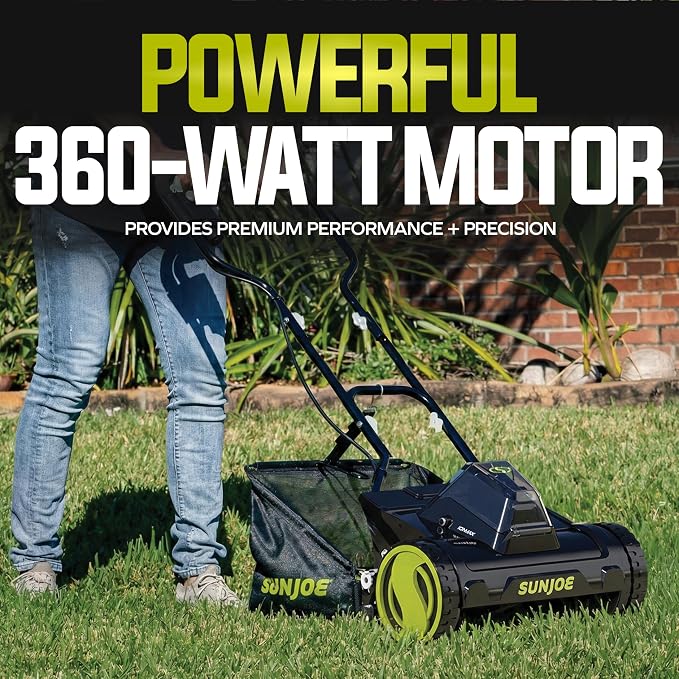 Sun Joe 24V-CRLM15 24V Cordless IONMAX Push-Reel Mower with 360W Motor, 15-Inch 5-Blade RAZOREEL System, and 11.9-Gallon Collection Bag | 15-Inch Cutting Width, 360W Motor - Heavy-Duty Yard Trimmer for Gardening Care and Maintenance, IONMAX