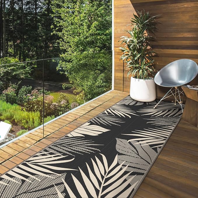 GENIMO Outdoor Rug, Waterproof Plastic Runner Rugs, 2.5'x8' Black Beige | Outside Leaf Carpet Mat for Patio Decor, Porch, Deck, Balcony, Camping, RV, Picnic, Beach, Reversible, Foldable, Lightweight