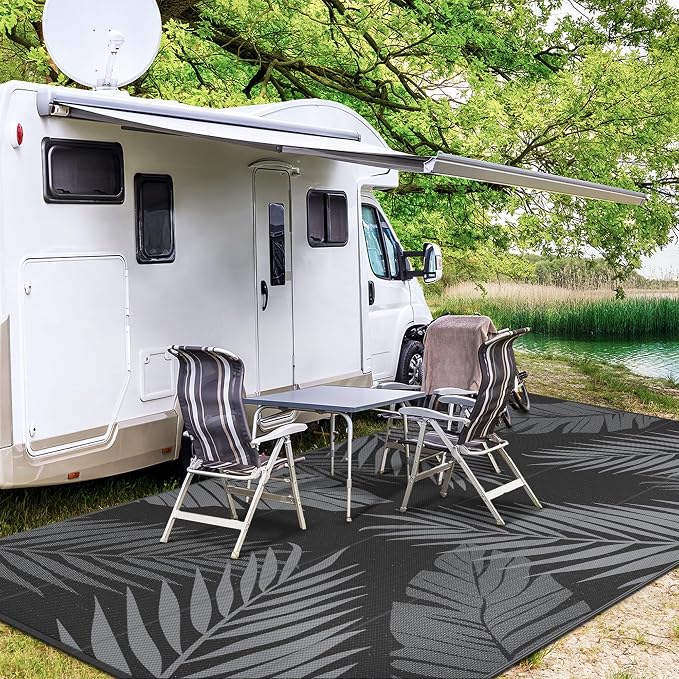GENIMO Outdoor Rug, Waterproof Plastic Rugs 9'x18' for Camping Black Grey | Outside Larger Leaf Carpet Mat for Patio Decor, RV, Porch, Camper, Deck, Picnic, Beach, Backyard, Reversible, Foldable