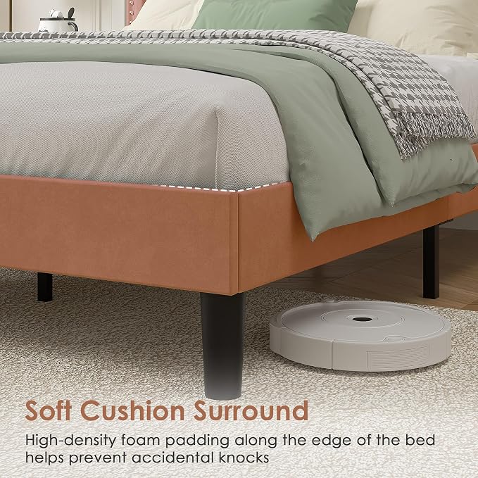 VECELO Full Size Platform Bed Frame with Height Adjustable Upholstered Headboard, Modern Mattress Foundation,Strong Wood Slat Support, No Box Spring Needed, Easy Assembly,Brown