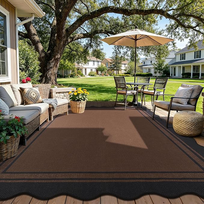 8x10 Scalloped Rug Easy Jute Washable Rug for Living Room Indoor Outdoor Black Brown Geometric Non Slip Carpet for Under Table Neutral Carpet for Backyard Patio Dining Room