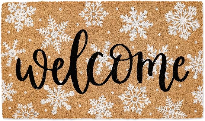 JarThenaAMCS Winter Natural Coir Doormat WhiteSnowflake Welcome Floor Mat Christmas Non-Slip Entrance Door Rug for Xmas Indoor Outdoor Home Bathroom Decor, 16.5 x 29 Inch