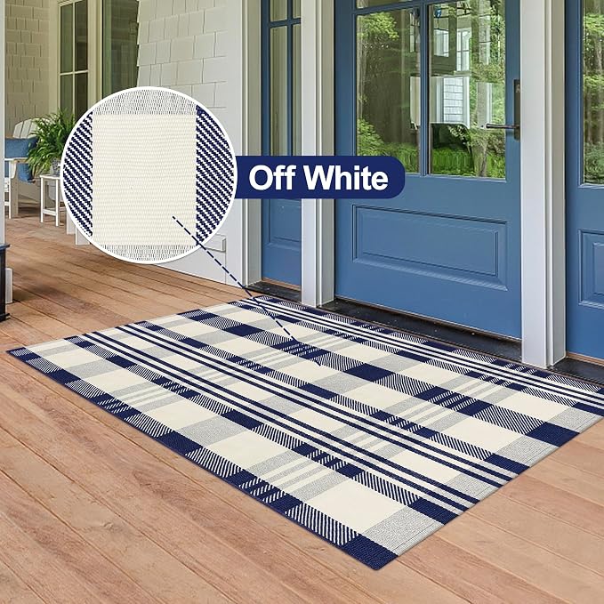 Buffalo Plaid Rug 3x5 Cotton Woven Buffalo Check Rug Navy and Off White Front Porch Doormat Checkered Outdoor Washable Indoor Outdoor Area Rug Layered Door Mats Carpet for Entryway Kitchen Farmhouse