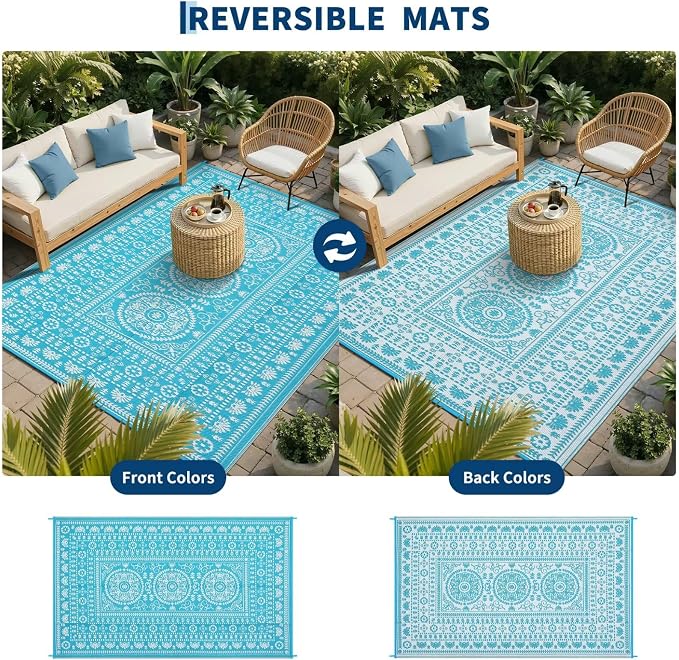 Garvee Reversible Outdoor Rug 9x12 for Patio, Waterproof Outdoor Area Rug, Modern Medallion Indoor Outdoor Rugs, Plastic Straw Rug for RV, Camping, Deck, Vintage Blue