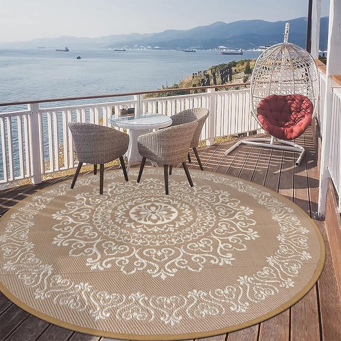Pauwer Outdoor Rug 6ft, Waterproof Plastic Straw Camping Rug, Floral Brown | Reversible Patio Rug, UV Resistant Indoor Outdoor RV Mat Carpet For Deck, Camper, Porch, Balcony, Backyard, Picnic, Foldable