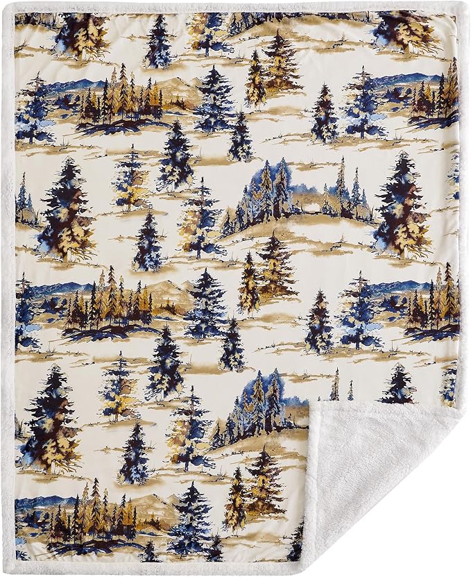 Indigo Hill by HiEnd Accents Acadia Sherpa Throw Blankets, Forest Pine Trees Nature Woodland Mountain Print Western Blanket for Camping Outdoor, Cabin Lodge Rustic Sherpa Fleece Blanket, 54x68 inch