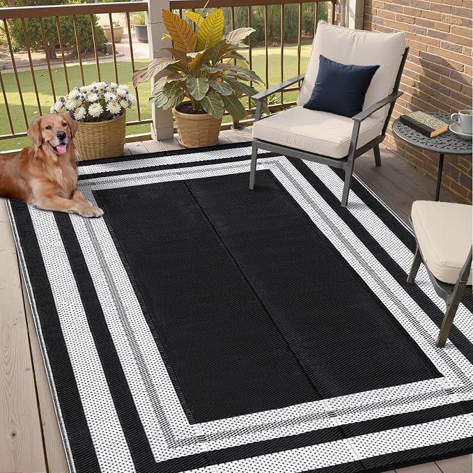 Outdoor Rug 9x18ft Waterproof Reversible Large Modern Black and White Plastic Straw Carpet Lightweight Washable for Patio RV Camping Deck Porch Balcony Backyard Picnic
