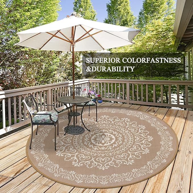 Pauwer Outdoor Rug 6ft, Waterproof Plastic Straw Camping Rug, Floral Brown | Reversible Patio Rug, UV Resistant Indoor Outdoor RV Mat Carpet For Deck, Camper, Porch, Balcony, Backyard, Picnic, Foldable
