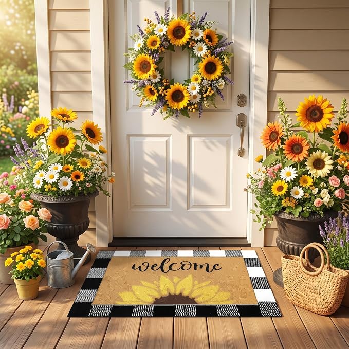 Tinideya 2 Pcs Summer Door Mat Sunflower Welcome Non Slip Coir Mats Floral Buffalo Plaid Floor Layering Doormats for Home Front Door Porch Entryway Decor