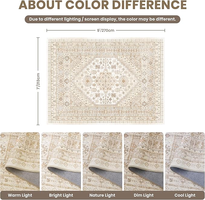 zesthome 7x9 Area Rug, Super Soft Washable Rugs for Living Room, Non-Slip Stain Resistant Vintage Rugs, Ultra-Thin Large Area Rugs (Cream/Beige,7'x9')