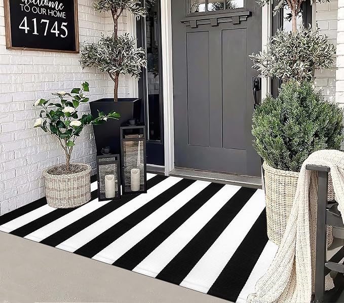 3'x5'Outdoor Rug,Black and White Striped Washable Front Porch Rug Farmhouse Cotton Woven Entry Rug Indoor Outdoor Area Rug for Porch/Home Entrace Decor/Bedroom/Layered Door Mats