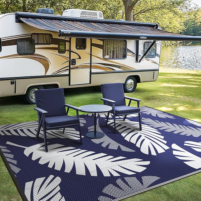 GENIMO Outdoor Rug, Waterproof Plastic Rugs for Patio, 6'x9' Blue White | Outside Larger Leaf Carpet Mat for Porch Decor, Deck, Balcony, Camping, RV, Backyard, Picnic, Beach, Reversible, Foldable