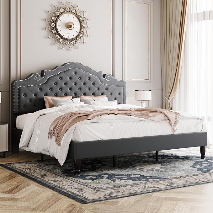 Allewie King Size Bed Frame with Adjustable Velvet Tiara Headboard, Upholstered Diamond Button Tufted Platform Bed, Wood Slats Support, No Box Spring Needed, Light Grey
