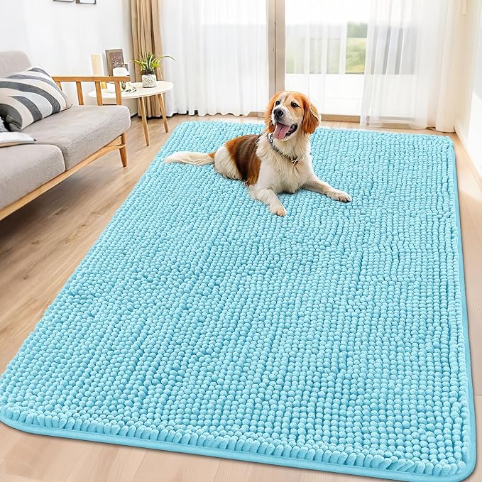 Smiry Dog Door Mat for Muddy Paws 70x35, Absorbent Dirt Trapper, Non-Slip Washable Chenille Entryway Rug for Inside Floor, Sky Blue, Classic Solid
