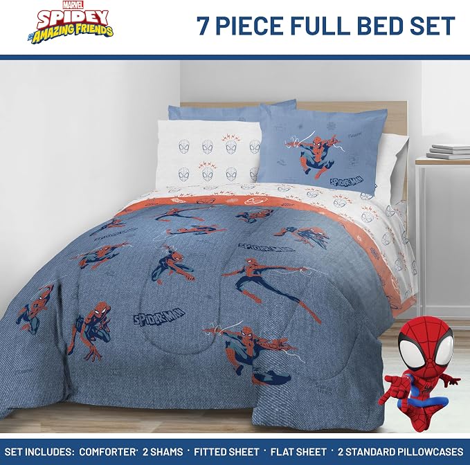 Marvel Spiderman Full Comforter Set 7 Piece Bedding for Boys, Blue | Bed in a Bag, Comforter Sheets Shams Pillowcases, Official Product, Soft Microfiber, Machine Washable, Boys Gift