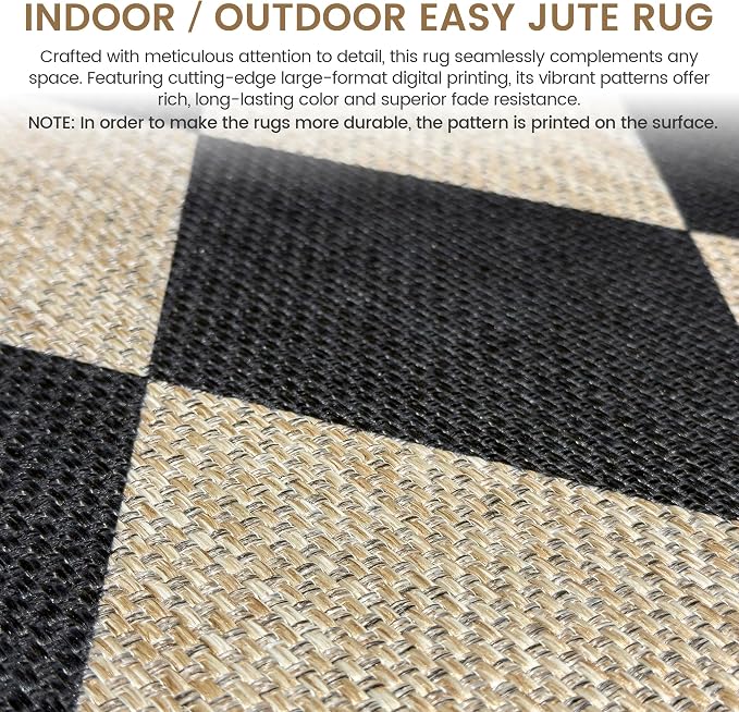 Washable Checkered Easy Jute Rug 3x5, Black Checkerboard Boho Geometric Outdoor Indoor Patio Small Rugs, Woven Non Slip Thin Neutral Carpet Door Mat for Bedroom Entryway Front Door Farmhouse
