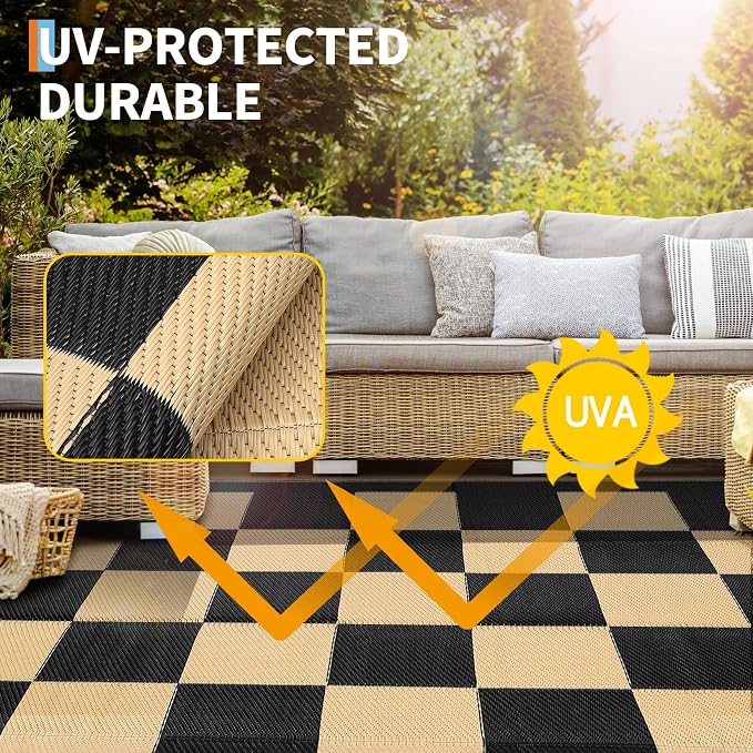 GarveeHome Outdoor Rug 8 x 10 Waterproof Checkboard Woven Carpet, Large Reversible Plastic Straw Rug, Foldable Modern Geometric Plaid Outside Camping Rug for Picnic, Backyard, Deck, Black Brown