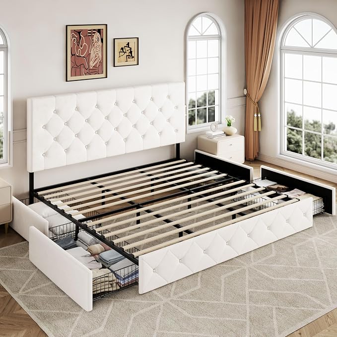 Allewie Upholstered King Size Platform Bed Frame with 4 Storage Drawers and Adjustable Headboard, Diamond Button Tufted, Wooden Slats Support, Noise-Free, No Box Spring Needed, Easy Assembly, White