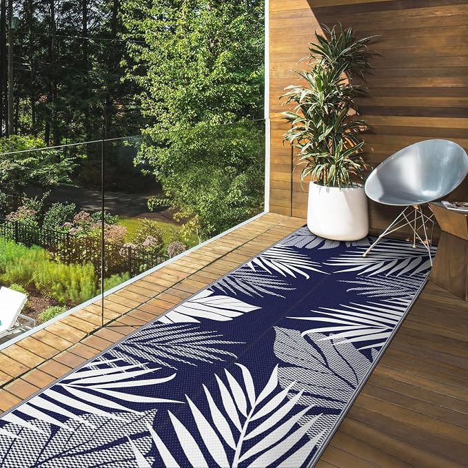 GENIMO Outdoor Rug, Waterproof Plastic Runner Rugs, 2.5'x8' Navy Blue White | Outside Leaf Carpet Mat for Patio Decor, Porch, Deck, Balcony, Camping, RV, Picnic, Beach, Reversible, Foldable, Lightweight