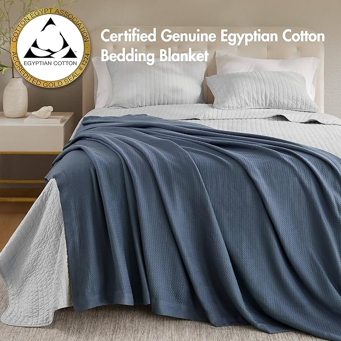 Madison Park 100% Egyptian Cotton Twin Size Bed Blanket for Summer Blue | Cozy Soft Breathable Durable, Waffle Weave Woven Casual, Lightweight Knit All Season Throw for Bed Couch or Sofa, OEKO TEX