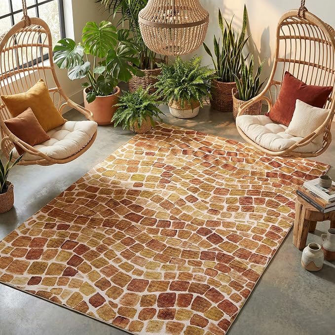 ReaLife Rugs Machine Washable Indoor Outdoor - Mat Rug Foldable Printed Thin Lightweight Cushioned Fade Resistant Patio Deck Dock Porch Pool Balcony Camping - Emery - Red Orange 5' x 7'
