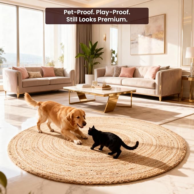 Craft Trade 5 Ft Round Jute Area Rug - Natural Braided Woven Circle Rug - Reversible & Eco-Friendly Floor Mat for Living Room, Bedroom & Dining Area (60 Inch, Natural)