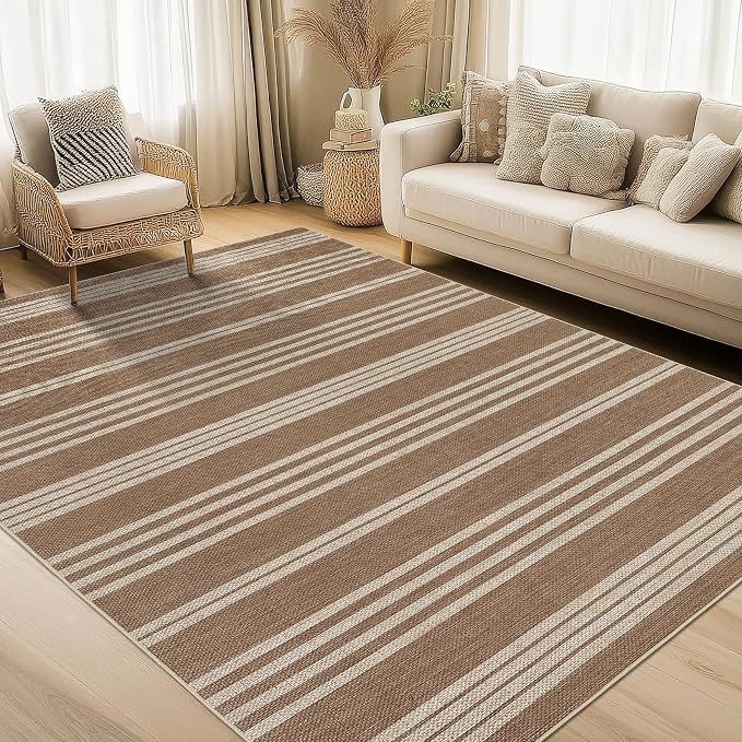 COZYLOOM Large Outdoor Rug 8x10 Rugs for Living Room Striped Easy Jute Rug with Non Slip Backing, Non Shedding Stain Resistant Contemporary Foldable Mats for Bedroom RV Patio, White/Coffee
