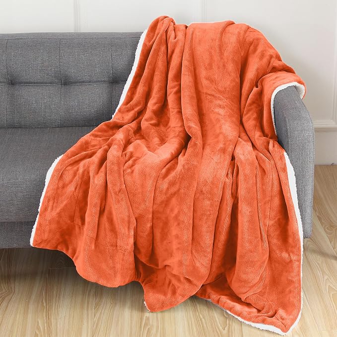 Elegant Comfort Luxury Ultra-Plush Velvet Touch Fleece Throw Soft, Warm, Cozy| Micromink Sherpa-Backing Reversible Blanket for Bed, Sofa and Couch, Solid Orange