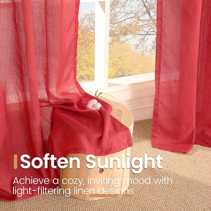 BGment Red Linen Kitchen Curtains Window Over Sink, Short Semi Sheer Drapes with Rod Pocket Lightweight for Cafe Bathroom Windows, 2 Panels Set, Each 30 Inch Wide