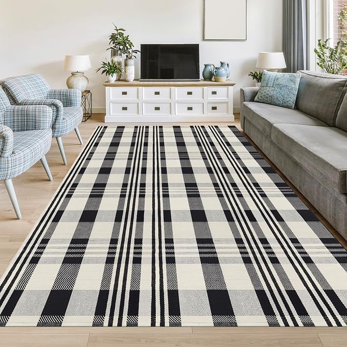 Buffalo Plaid Rug 5x8 Cotton Woven Rug Black and Off White Checkered Outdoor Rug Front Porch Decor Washable Indoor Outdoor Area Rug for Living Room Bedroom Dining Room Patio Farmhouse Carpet