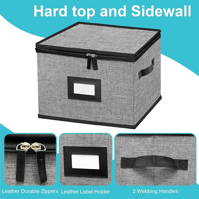 China Storage Containers-4PACK Quilted Dish Storage Containers with Lid Hard Shell for Moving Transport, Dinnerware,Stackable Plate Storage,24 Felt Plate Dividers Included,12 * 12 * 8in | 12*12*8in Dish Storage Containers with Lid Hard Shell for Moving...