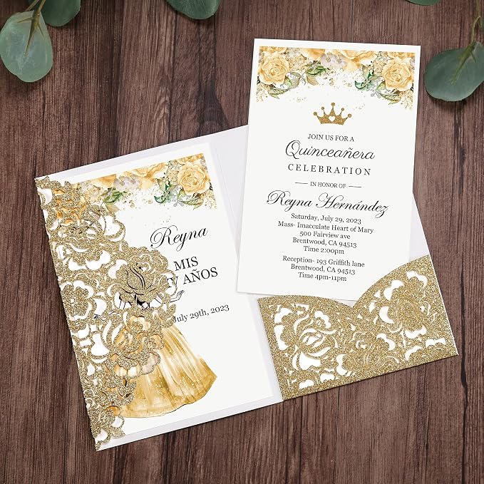 DORIS HOME 50Pcs Personalized Laser Cut Quinceanera Invitations, Gold | 4.7"x7.1", Glitter, Customized Quince Invitations, For 15th Birthday, Sweet 16, With Envelopes