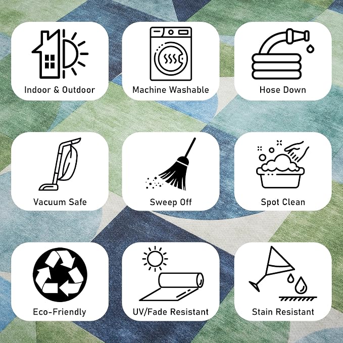 ReaLife Rugs Machine Washable Indoor Outdoor - Mat Rug Foldable Printed Thin Lightweight Cushioned Fade Resistant Patio Deck Dock Porch Pool Balcony Camping - Naya - Blue Green 4' x 6'