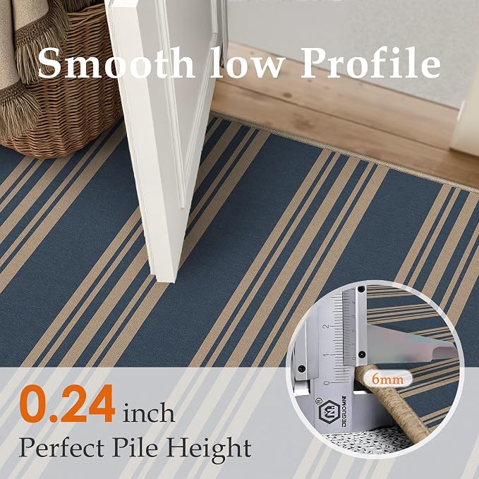 PureCozy Striped Easy Jute Rug 8x10 Blue Living Room Carpet Washable Non Slip Bedroom Office Rug Farmhouse Neutral Non Shedding Indoor Outdoor Large Carpet for Kitchen Dining Room