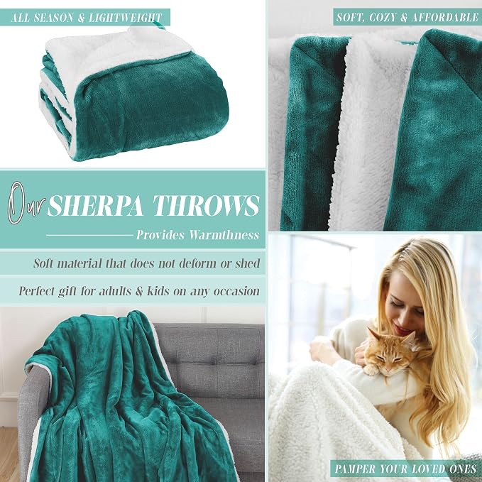 Elegant Comfort Throw Blanket, Reversible Sherpa Flannel, Ultra-Soft, Fuzzy, Cozy and Plush- All Season Lightweight Decorative Throw, 50 x 60 inches, Solid Sherpa Throw, Turquoise