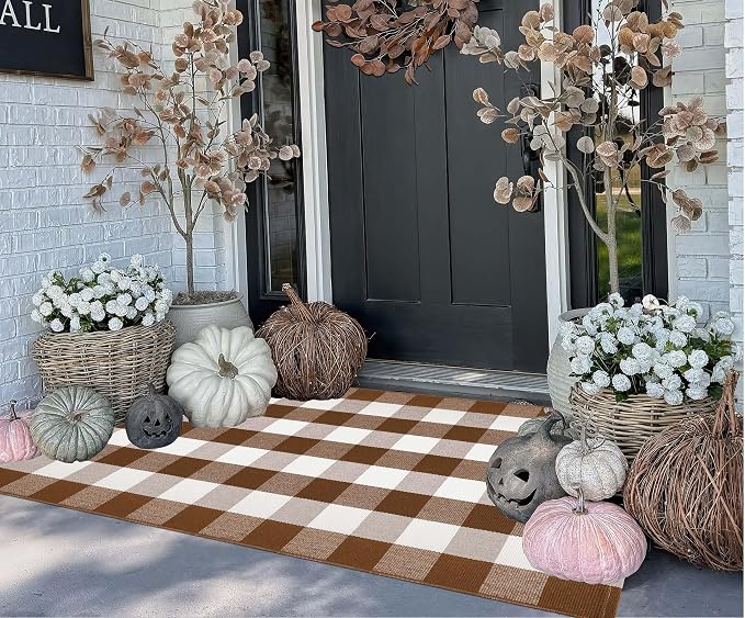 Fall Outdoor Rug 3'x5',Halloween Front Porch Rug Cotton Woven Washable Farmhouse Checkered Area Rug,Layering Rug for Hello/Welcome Door Mat Front Porch Decor