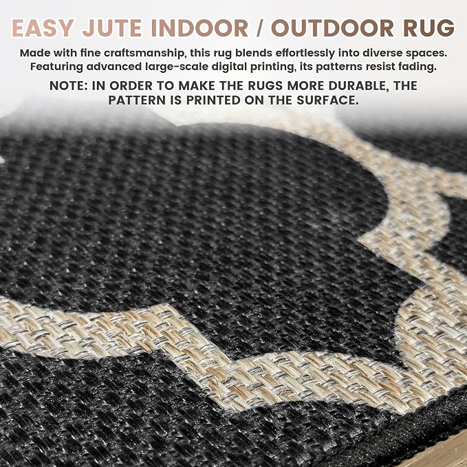 Washable 5x7 Moroccan Trellis Easy Jute Rug for Livingroom, Black Neutral Boho Outdoor Indoor Patio Large Area Rugs, Woven Ultra Thin Non Slip Carpet Mat for Backyard Kids Bedroom Classroom Playroom