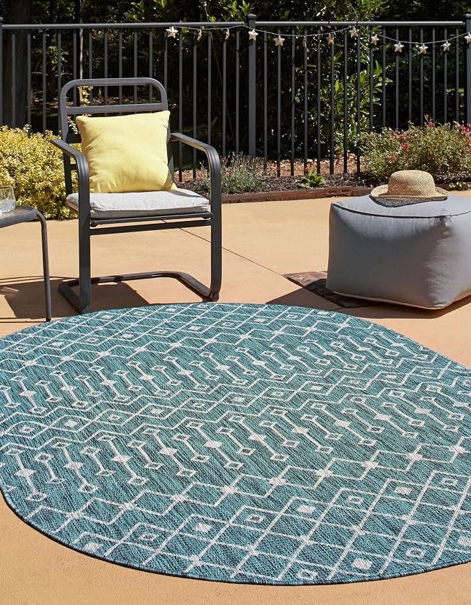 Unique Loom Outdoor Trellis Collection Area Rug - Tribal Trellis (7' 10" x 10' Oval, Teal/ Ivory)