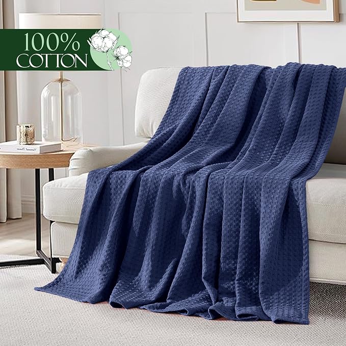 Elegant Comfort Premium 100% Cotton Waffle Blanket - Lightweight Breathable Waffle Weave Bed Blanket - Soft and Warm All Season Blanket for Couch, Sofa and Bed, King Size 90x108 Inches, Navy Blue