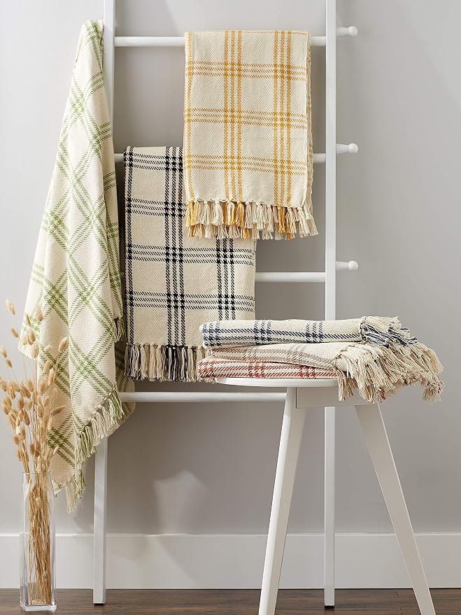DII Modern Farmhouse Plaid Collection Cotton Fringe Throw Blanket, 50x60, White/Honey Gold