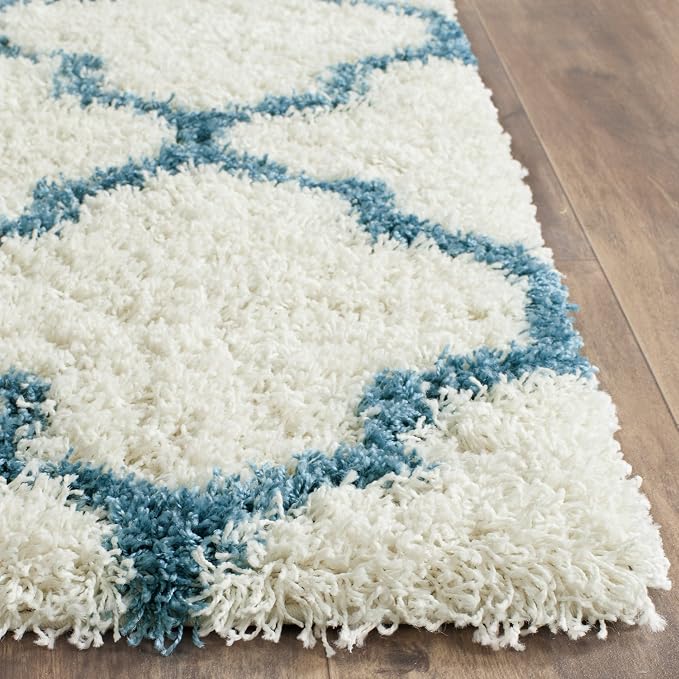 SAFAVIEH Kids Shag Collection Runner Rug - 2'3" x 9', Ivory & Blue, Moroccan Trellis Design, Non-Shedding & Easy Care, 2-inch Thick Ideal for High Traffic Areas in Living Room, Bedroom (SGK569C)