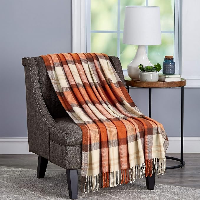 Bedford Home Faux Cashmere Acrylic Oversized Throw Blanket - Luxuriously Soft Acrylic Faux Cashmere-Feel Plaid Throw, Breathable with Stylish Vintage Design (Spice Plaid)