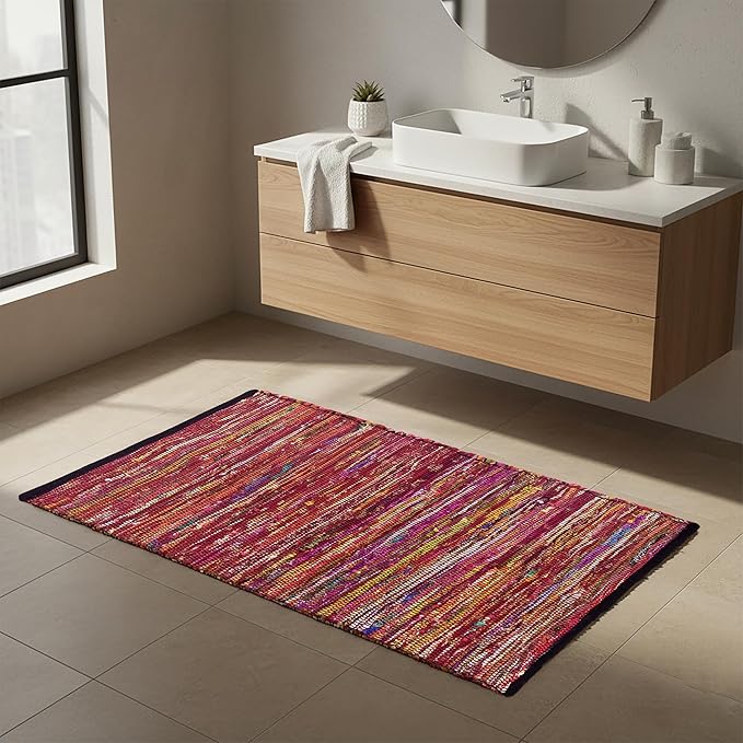 Ramanta Home Cotton Chindi Hand Woven Rug - 2x3 ft Multi Color, Reversible Area Rugs for Indoor, Outdoor, Living Room, Kitchen, Entryway | Boho Door Mat for Home Decor - 24x36 Inches